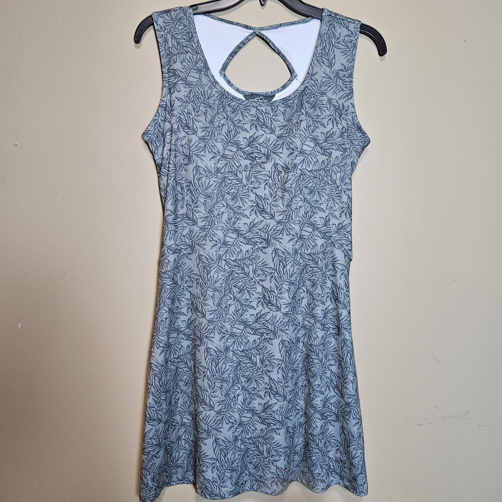 Eddie Bauer Dress Women Medium Green Leaf Print Built In Bra Sleeveless Stretch